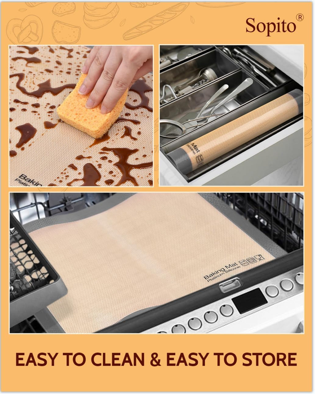 Sopito Silicone Baking Mat - Non-Stick, Food Safe, Reusable 5-Piece Set for Half & Quarter Trays | Grey