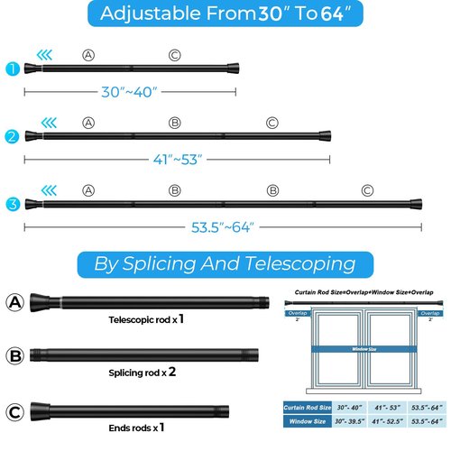SISELBA Adjustable Tension Curtain Rod 30 to 64 inches, Spring Curtain Rod for Windows Tension Rod No Drill, Spring Tension Curtain Rod for Window, Bathroom, Doorway, Black