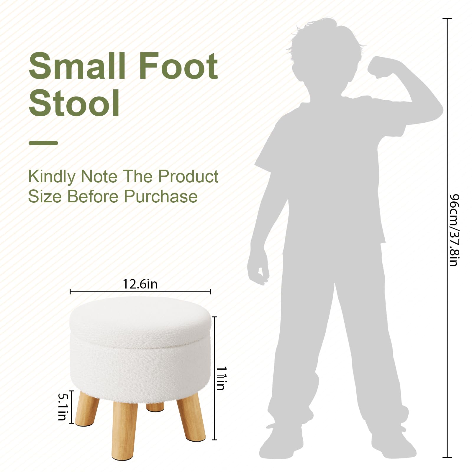 WBKATN Small Ottoman Footrest, White Boucle Foot Stool, Round Pouf Ottoman with Storage, Teddy Velvet Foot Rest for Couch, Living Room, Nursery, Small Coffee Table Ottomans Stool