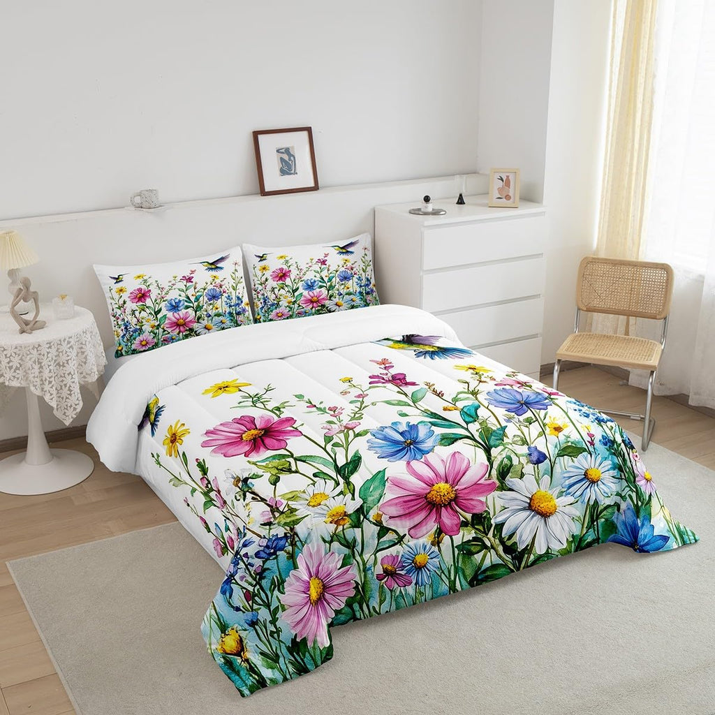 Feelyou Flower Bedding Set Twin Size Hummingbird Comforter Set for Kids Boys Girls Tropical Birds Comforter Hummingbird Flowers Duvet Set White