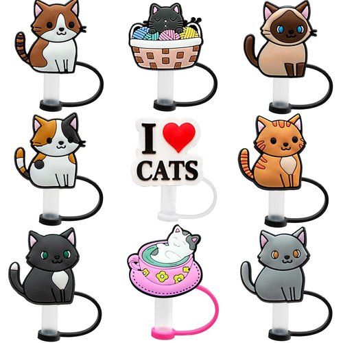9Pcs Straw Cover Cap for Stanley Cup, Cute Cat Silicone Straw Topper Compatible with Stanley 30&40 Oz Tumbler with Handle,10mm Straw Tip Covers for Stanley Cups Accessories