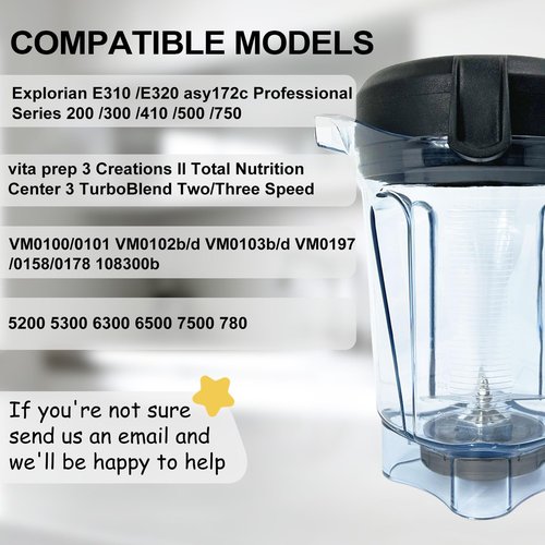 Blender Pitcher 64oz Low-Profile, Replacement Pitcher for 750 5200 7500 6300 Vm0103 Vm0197 E310 G/Classic C/Explorian/Commercial series etc