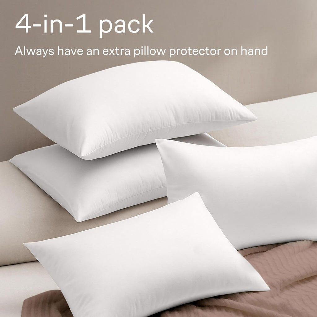 Ultra Soft Pillow Protectors by [Brand Name] - Queen Size Zippered Set of 4 - 100% Stain & Dust Protection, Machine Washable (White)