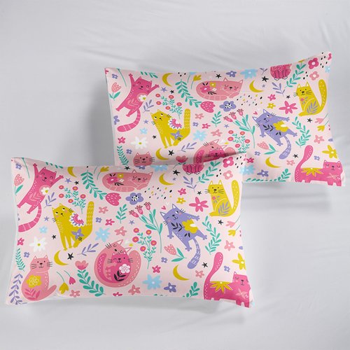 QOOMO Floral Cats Sheet Set,Kawaii Cats Kids Bed Sheets,Pink Floral 16" Deep Pocket Bed Sheet Set for Boys/Girls/Kids/Teens，4 Piece Sheet Set, 1 Fitted Sheet,1 Flat Sheet and 2 Pillowcases，Twin Size