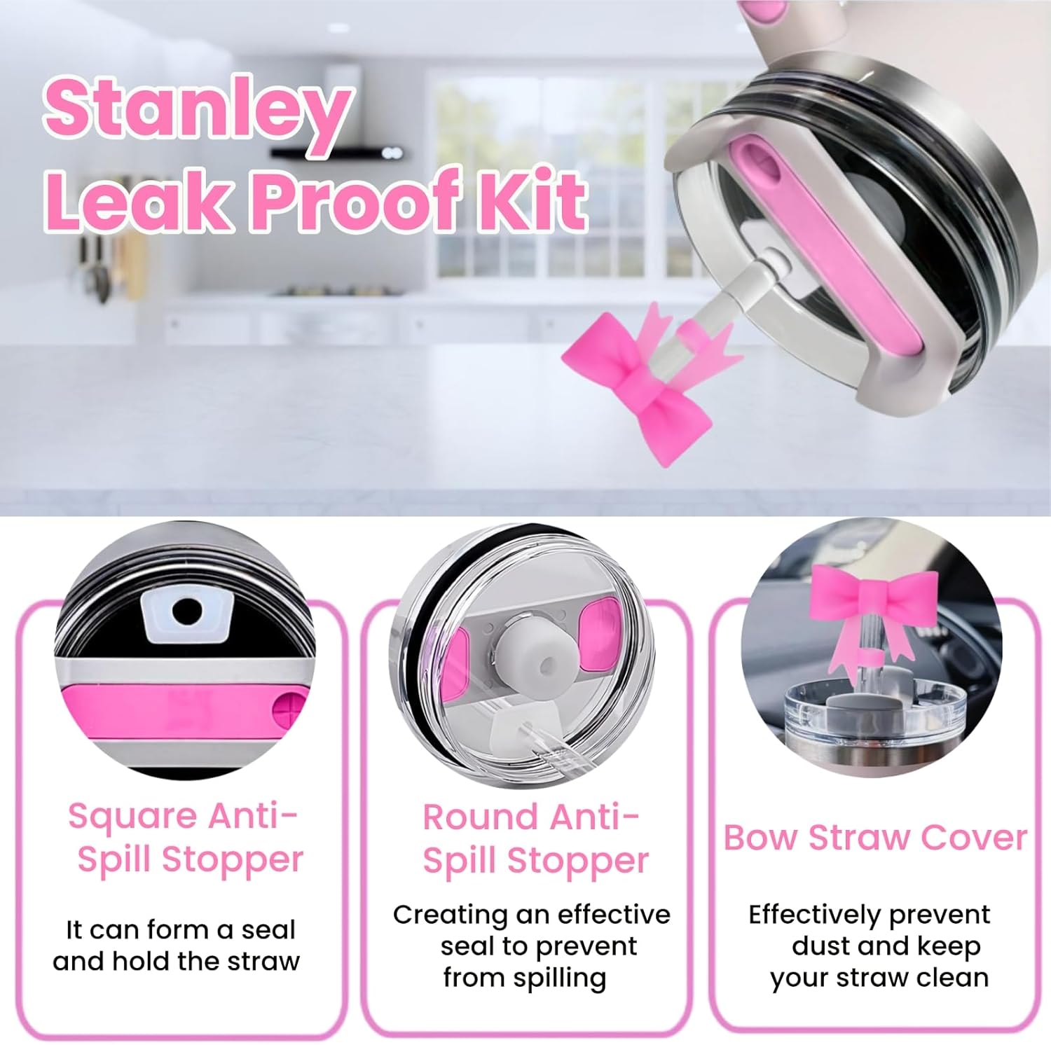 Stanley Cup Accessories Set - 6PCS Pink Initials Decorations for 30oz & 40oz Cups | Includes Bow Straw Topper & More