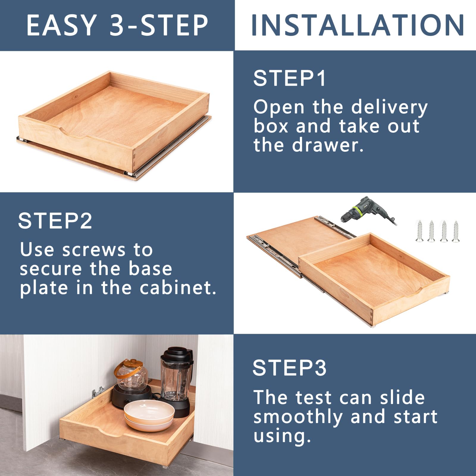 Draworia Pull Out Cabinet Drawers - 6x2 Size Options (12-23'W,18-21'D), Pre-Assembled with Soft Close Slides, Solid Beechwood, Easy Installation(12'W x 21'D)