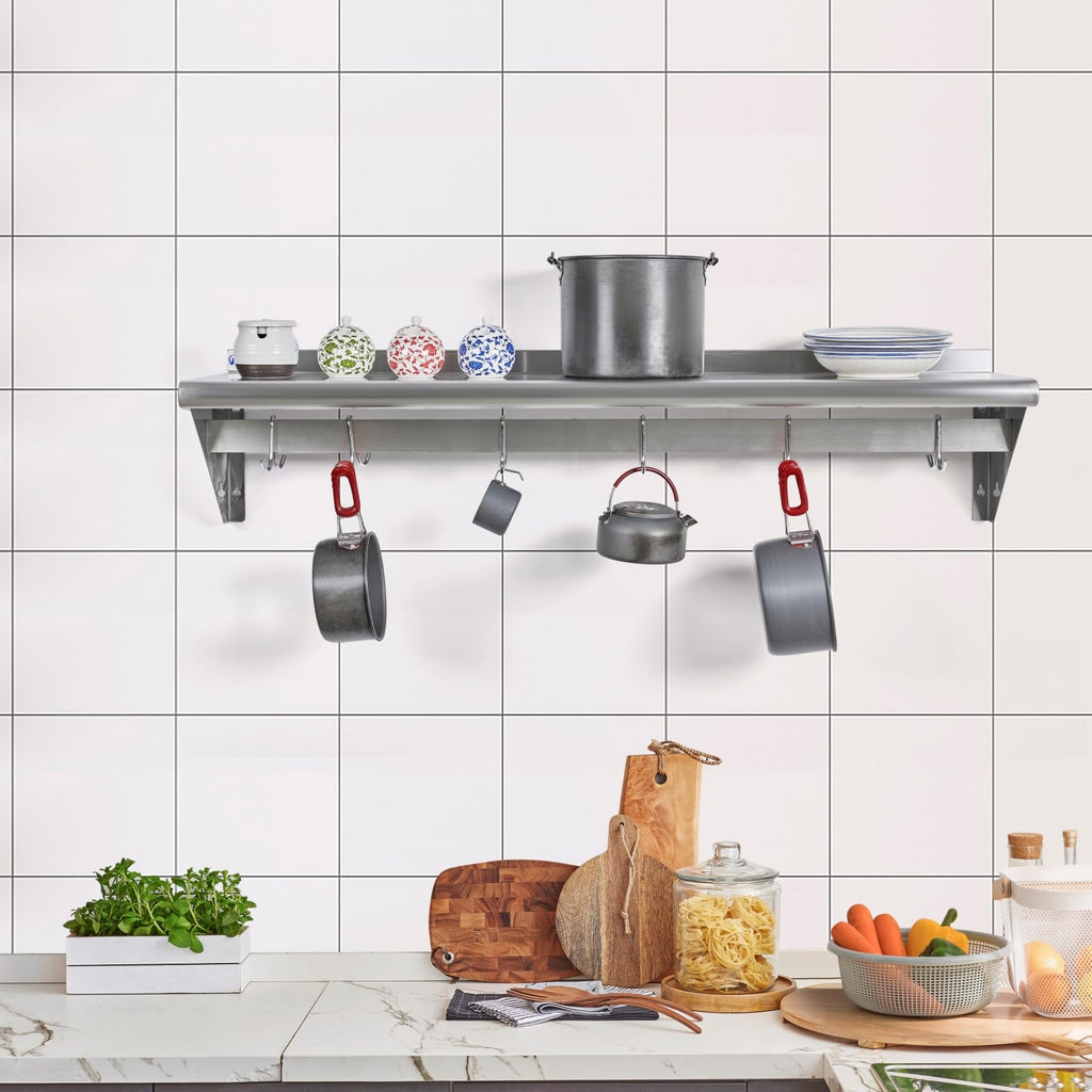 Hally Stainless Steel Shelf with 6 Hooks 14" x 48" Wall Mounted Pot Rack 350lb, NSF Commercial Floating Shelving for Storage Hanging Pots, Pans, cookware in Restaurant, Kitchen, Home and Hotel