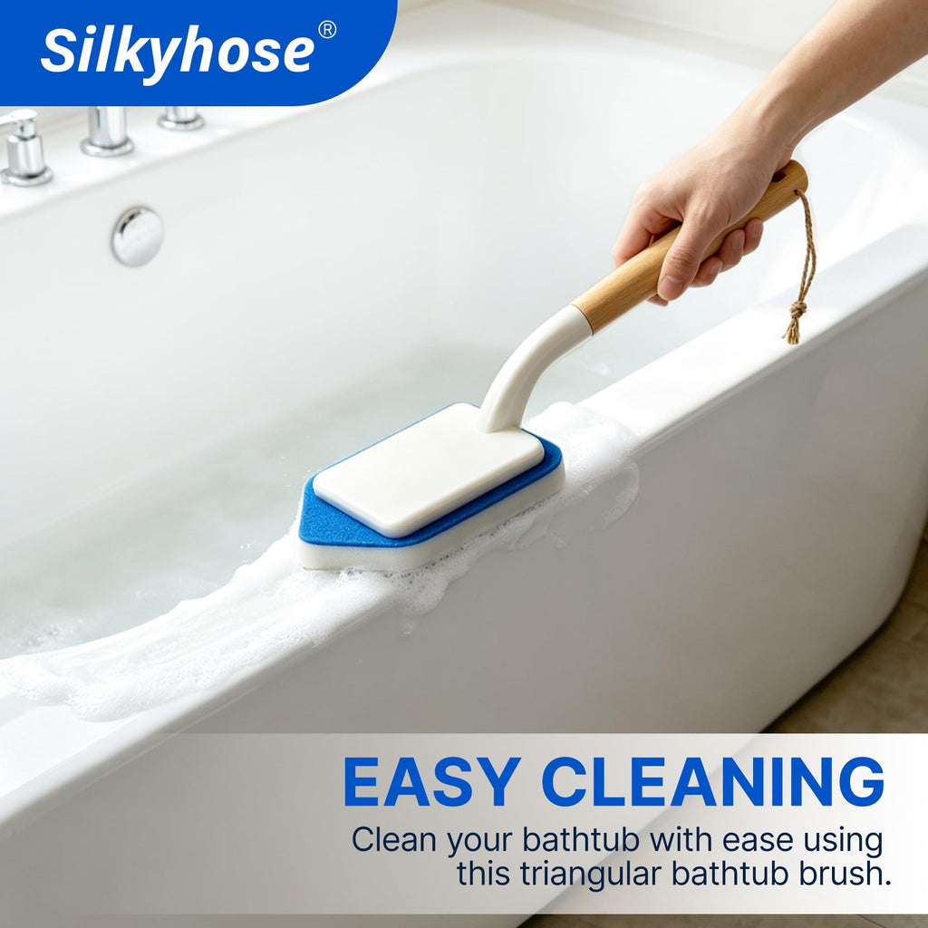 Tub Tile Scrubber Brush – 2 Pack with Wooden Handle, Includes 10 Melamine Sponge Eraser Heads | Non-Scratch Cleaner for Bathtub, Shower Wall, Grout, Kitchen Sink