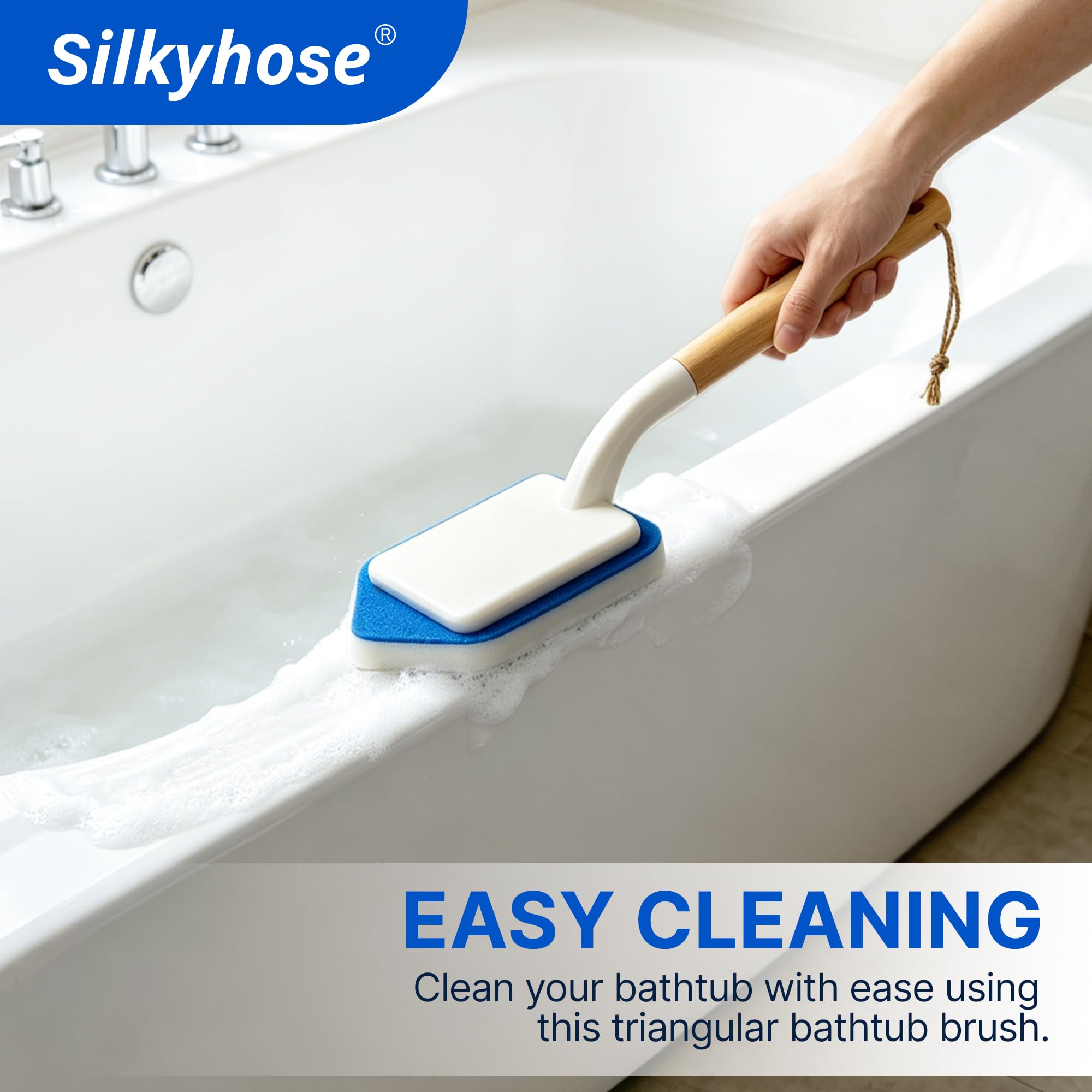 Tub Tile Scrubber Brush – 2 Pack with Wooden Handle, Includes 10 Melamine Sponge Eraser Heads | Non-Scratch Cleaner for Bathtub, Shower Wall, Grout, Kitchen Sink
