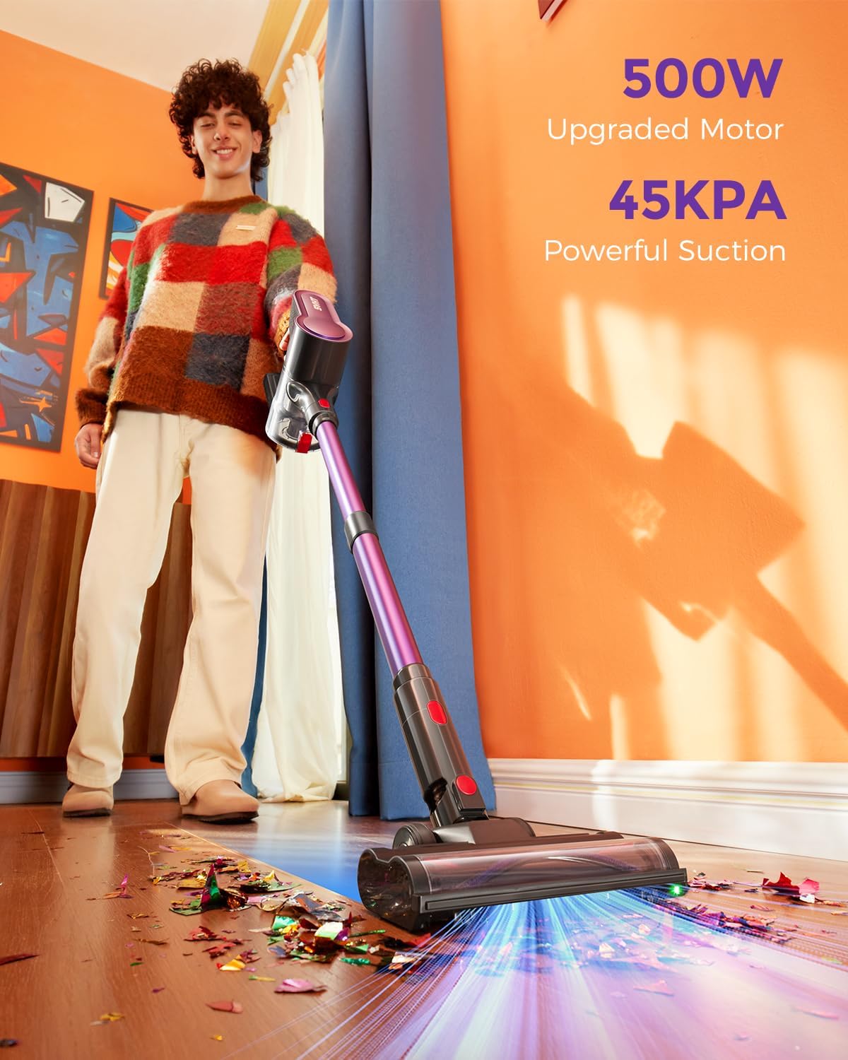Skiennix Cordless Vacuum Cleaner - 500W Power, 50-Minute Runtime, LED Light & Anti-Tangle Brush | 1.6L Dust Cup, Lightweight for Pet Hair & Hard Floors