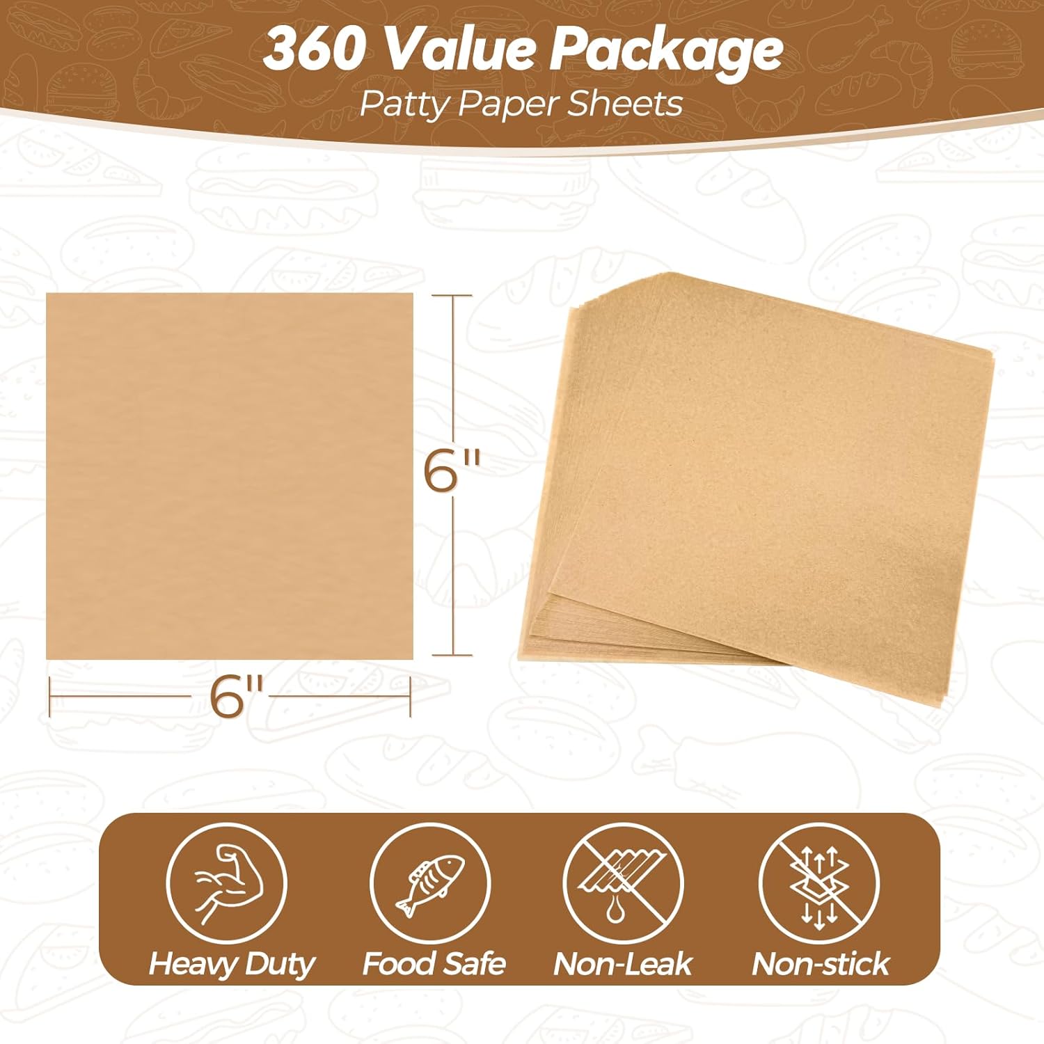 Skiennix Heavy Duty Patty Paper Sheets - 360 Count Unbleached No-Stick & No-Leak 6"x6" Squares