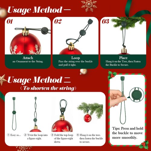 48 PCS Adjustable Christmas Ornament Hooks, Hoevaton Non-Slip Hanger Hooks for Hanging Small & Large Heavy Ornaments, Xmas Ornament Hanging Hooks for Holiday Tree Decorations (Green, 48 Count)