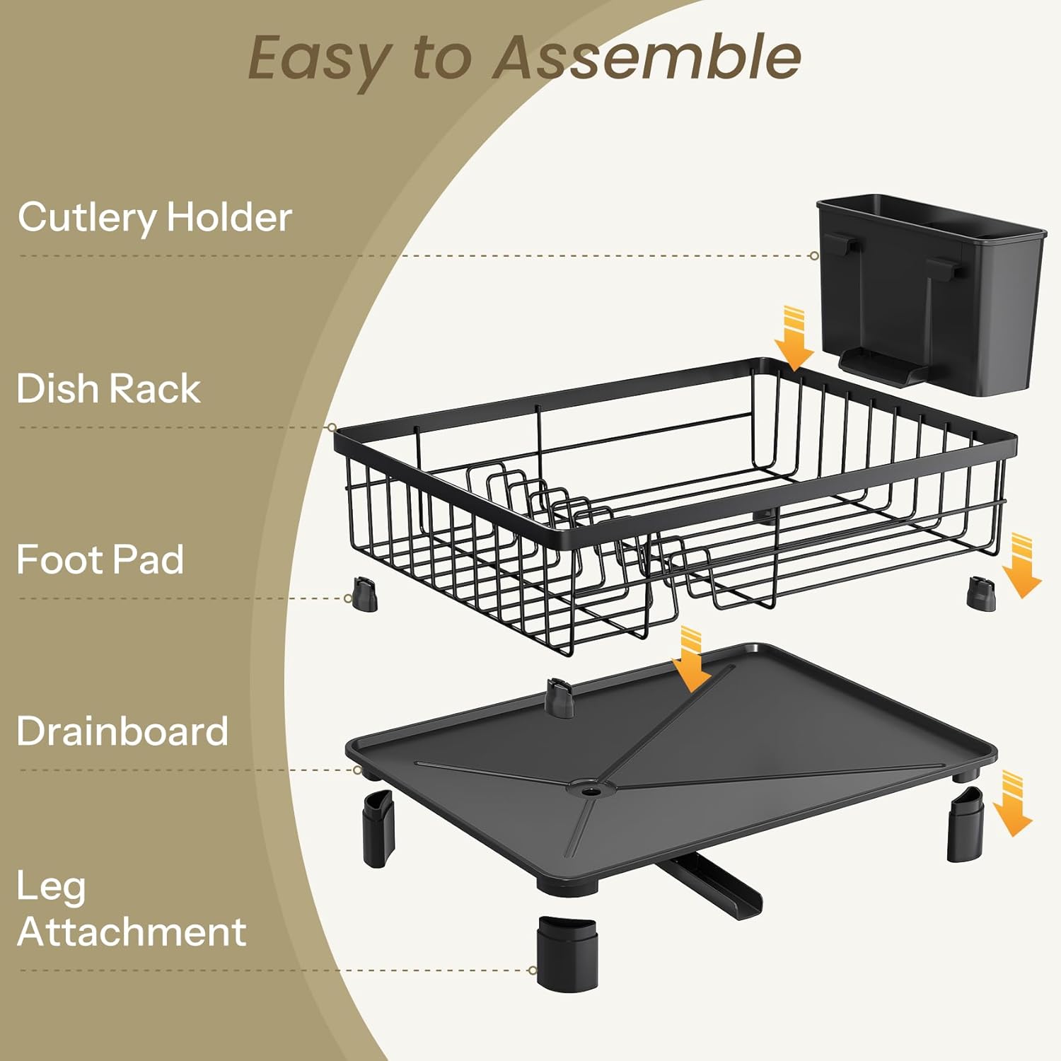 SNTD Dish Drying Rack - Space-Saving Stainless Steel Kitchen Dish Drainer with Utensil Holder | 11" W x 15" L (Black)