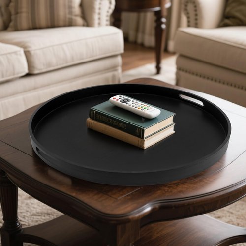 Hodeframe Round Decorative Tray, Extra Large Wooden Serving Tray with Handles, 11.8in Black Decorative Trays for Coffee Table,Kitchen Counter,bandejas decorativas
