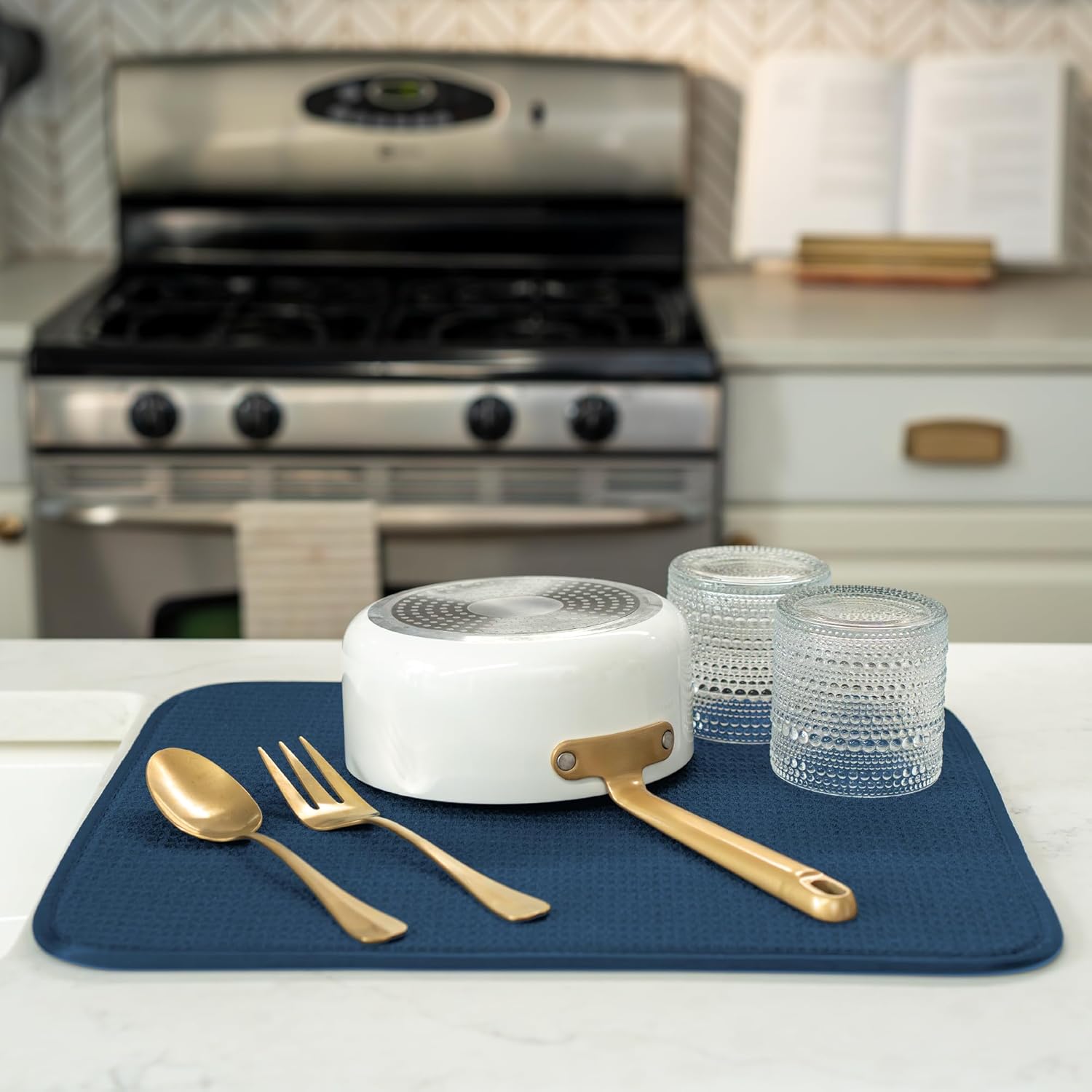 S&T INC. Dish Drying Mat - Absorbent Microfiber Kitchen Counter Pad, 16” x 18”, Navy Color