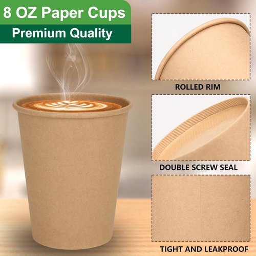 PULOSPACK 200 Pack 8 oz Brown Disposable Paper Coffee Cups, Durable Leak-Proof Kraft Paper Cups for Hot/Cold Drinks, Unbleached Paper Cups for Home, Office, Party, Cafes, Events