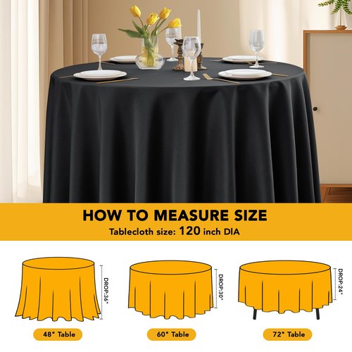 Dailyset 6-Pack Black Round Tablecloths, 120 Inches, Stain-Resistant Polyester for 5-6 Ft Round Tables - Washable Table Covers for Weddings, Banquets, Birthday Parties, Events