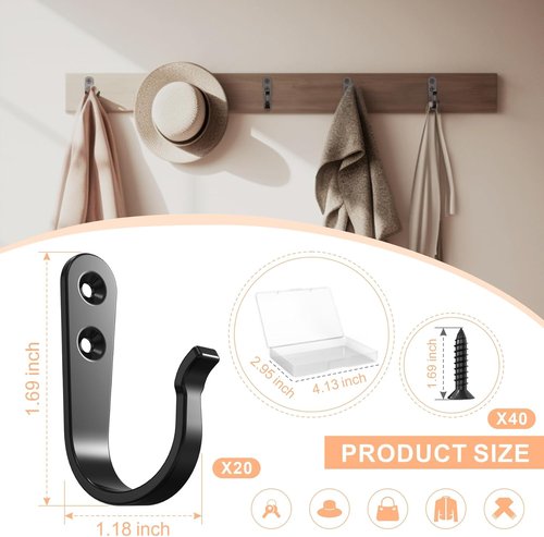 BREYDROK Heavy Duty Metal Coat Hooks - 20PCS Single Prong Wall Hooks with 40 Screws for Towel & Hat Storage