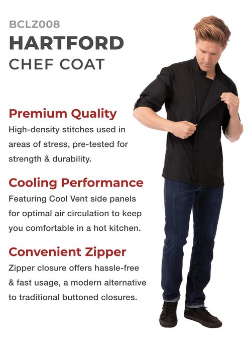 Chef Works Men's Hartford Chef Coat, Black, Large