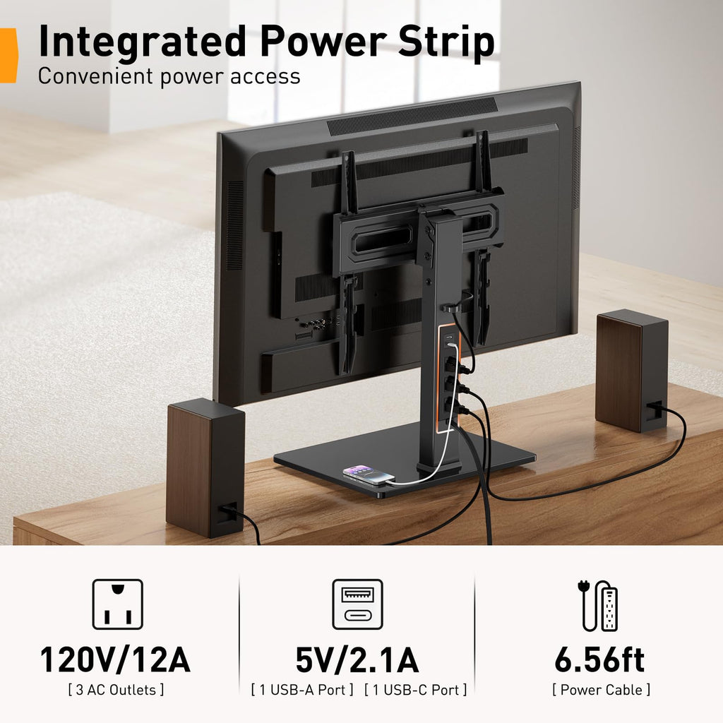 Perlegear Universal Swivel TV Stand with Power Outlet, Tabletop TV Stand for 34–65 Inch TVs up to 88 lbs, Tempered Glass TV Mount Stand Base with Height Adjustment, Tilt, Max VESA 400x400mm,PGTVS27