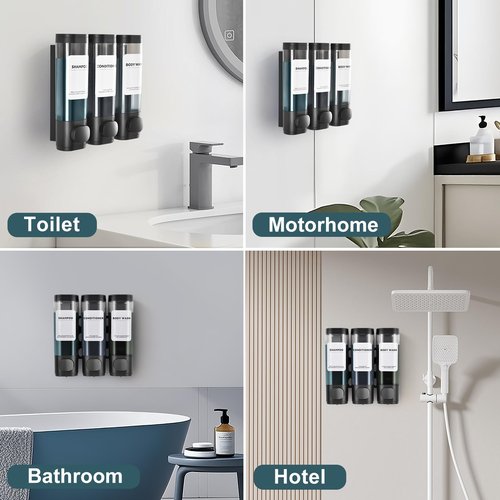 3 Pack Shampoo and Conditioner Dispenser, Shower Soap Dispenser 3 Chamber No Drill Wall-Mounted, Body Wash and Shower Dispenser Set for Shower Wall, Elegant Large Capacity for Bathroom Hotel, Black
