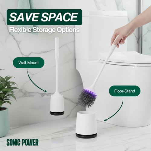 Electric Toilet Brush & Scrubber – Self Cleaning Silicone Toilet Bowl Brush with UVC Light, Rechargeable Wireless Spinning Toilet Brush & Holder Set, Wall Mount or Floor Standing (Pack of 1)