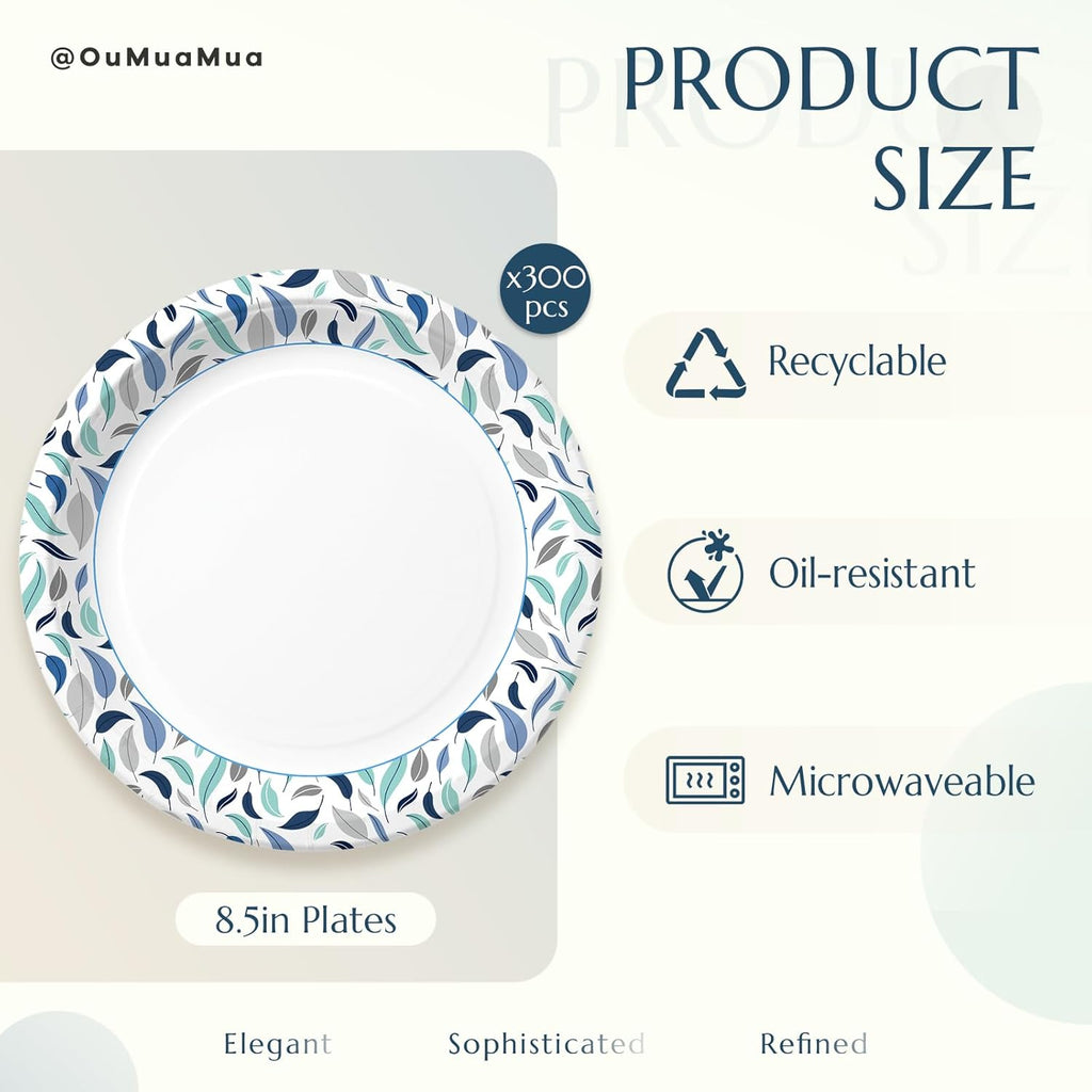 OuMuaMua 8.5 Inch Disposable Paper Plates - 300 Count, Soak Proof & Microwave Safe for Everyday Use