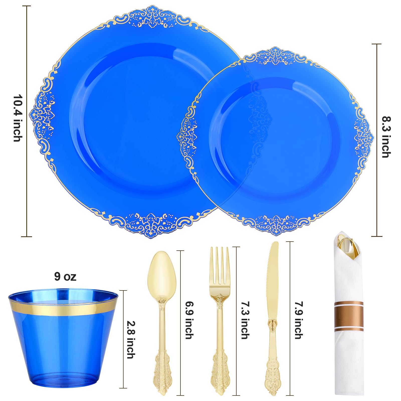 Bestluck 350 PCS Blue and Gold Plastic Plates, Disposable Dinnerware Set for 50 Guests, 100 Disposable Plates, 150 Silverwares, 50 Cups, 50 Napkins for Wedding, Party, Graduation
