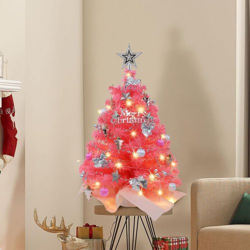 Juegoal 24-Inch Pink Mini Christmas Tree - Lighted Tabletop Artificial Pine with 50 LED Lights & Timer