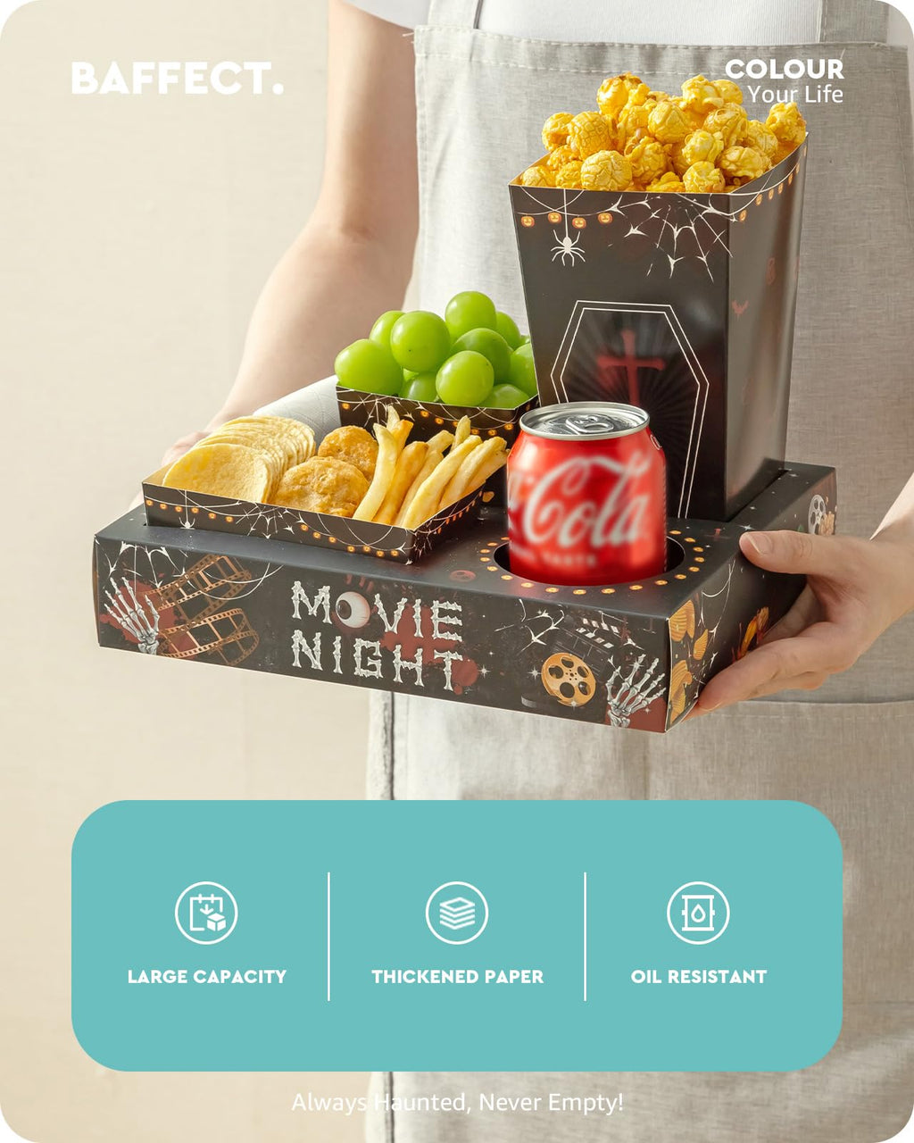 Baffect Movie Night Snack Trays 100pcs Include 20 Movie Night Trays, 20 Popcorn Boxes, 20 Salad Bowls, 20 Nacho Bowls, 20 Movie Party Invitations, Horror Movie Night Supplies for Nacho Bar