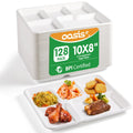 OasisSN 10x8 128-Pack 5-Compartment Divided Plates, Ideal for Light Meals, Kids Lunch, Meal Prep & Party, Heavy Duty Compostable Bagasse Plates, Microwave Safe, White