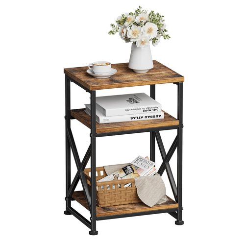 Simple Trending Side Table, End Table Living Room, Bedside Table for Sofa Couch, Nightstand with 3 Tiers Open Shelves, Rustic Brown