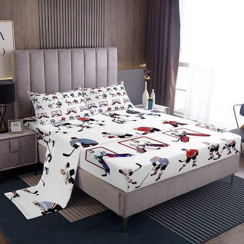 Ice Hockey Sheet Set Full Kids Sports Event Bedding Set Hockey Player Bed Sheets for Boys Bedroom Decor Soft Winter Sports Hockey Puck Bed Set (Twin Flat Sheet & Fitted Sheet with 2 Pillow Case)