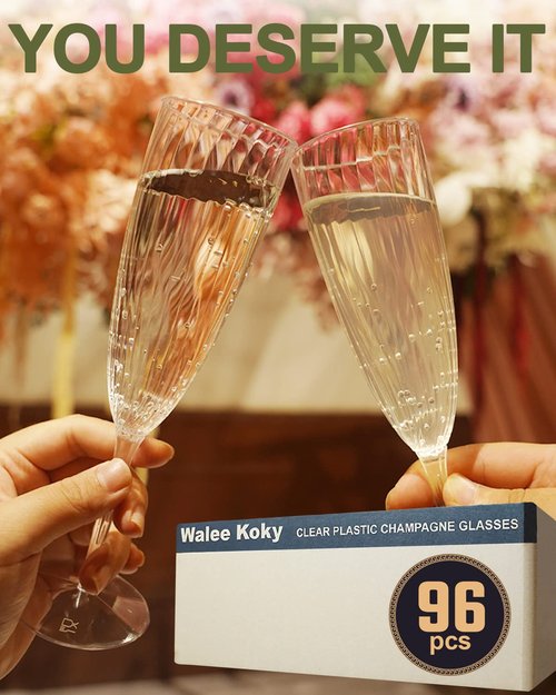 Walee Koky Clear Plastic Champagne Flutes, 96 PCS Disposable Reusable Cocktail Cups for Home Daily Life Party Birthday Wedding Toasting Drinking Champagne (6 oz)