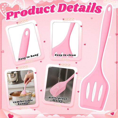 Jingmore 10 Pcs 3 Set Valentine Day Whisk Baking Gifts Pink Kitchen Utensil Gifts Set Silicone Spatula Slotted Spatula Stainless Steel Whisk with Tag Clear Bag for Cook(Pink,Valentine's Day)