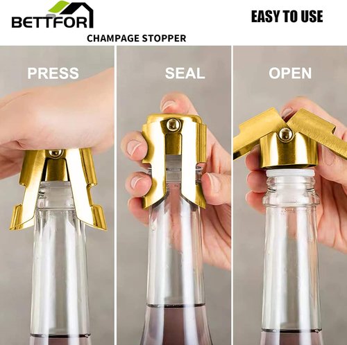 Champagne Stoppers with Stainless Steel Champagne Saver with Food Grade Silicone Leak proof Keep Fresh Suitable for Champagne, Cava, Prosecco and Sparkling (Gold, 4 Pack)