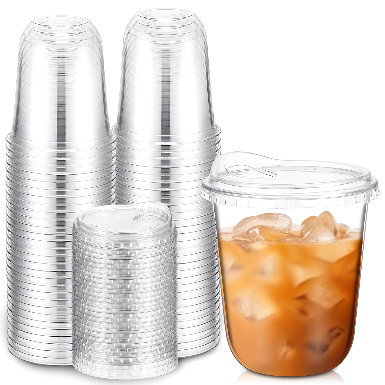 Baderke 50 Pcs Clear Plastic Cups with Strawless Sip Lids Disposable Round Bottom Togo Cups for Coffee Smoothie Cold Beverage Coffee Shops and Party Catering (12 oz)