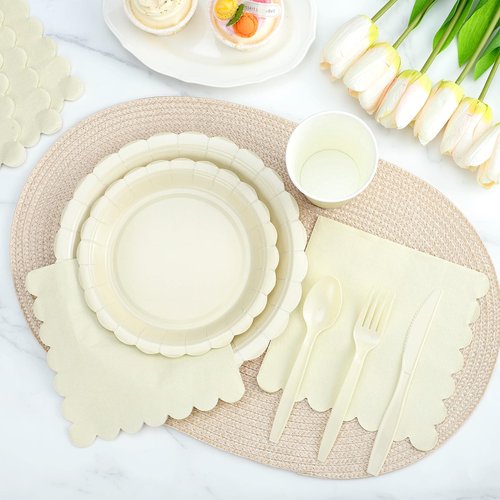 Xiangqu 350 Pcs Ivory Dinnerware Sets, 9" Party Plates, 7" Cream Dessert Plate, 9oz Cups & Cutlery, 50 Guest Beige Scalloped Disposable Plates Set for Baby Bridal Shower, Wedding, Birthday