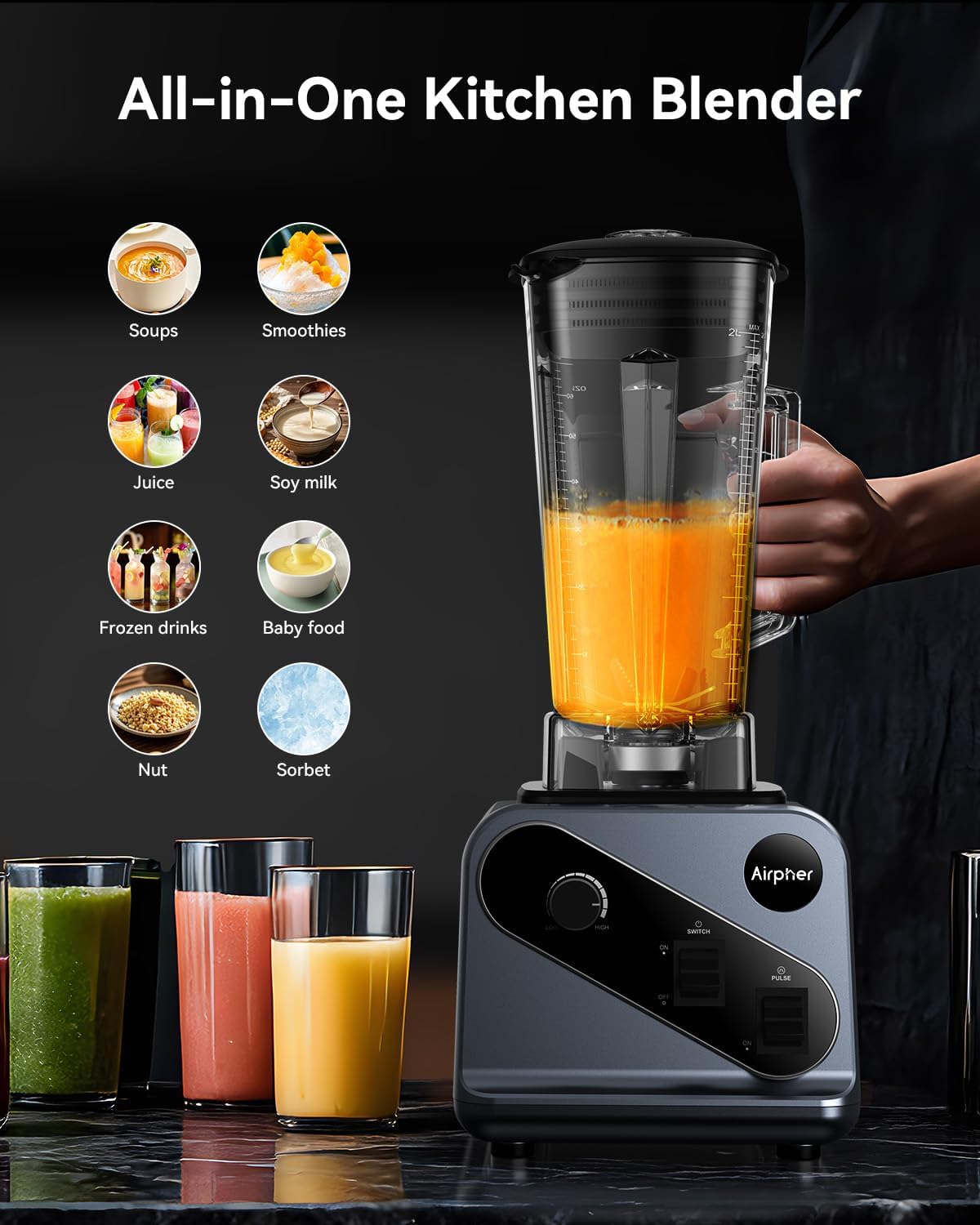 Skiennix Professional Blender - 2000W Smoothie Maker with 68oz Capacity & 27oz To-Go Cup | 35000RPM for Soups & Jams