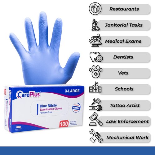 CARE PLUS 1000 Count Extra Large Size Medical Grade Examination Nitrile Blue Gloves, 3 Mill, Rip Resistant, Powder Allergy and Latex Free, Non Sterile, Single Use
