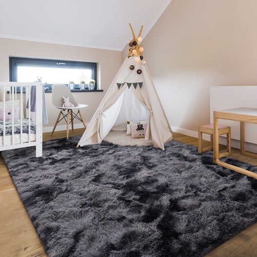 Hutha 6x9 Large Area Rugs for Living Room, Super Soft Fluffy Modern Bedroom Rug, Tie-Dyed Dark Grey Indoor Shag Fuzzy Carpets for Girls Kids Nursery Room Home Decor