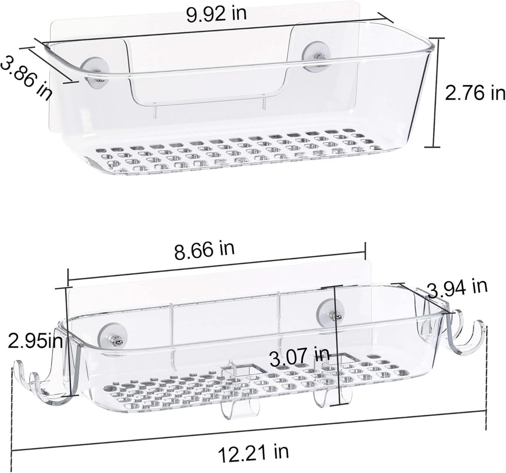 TZAMLI Clear Shower Caddy - Rustproof Wall-Mounted Organizer with Razor Holder & Hook | 2 Pack
