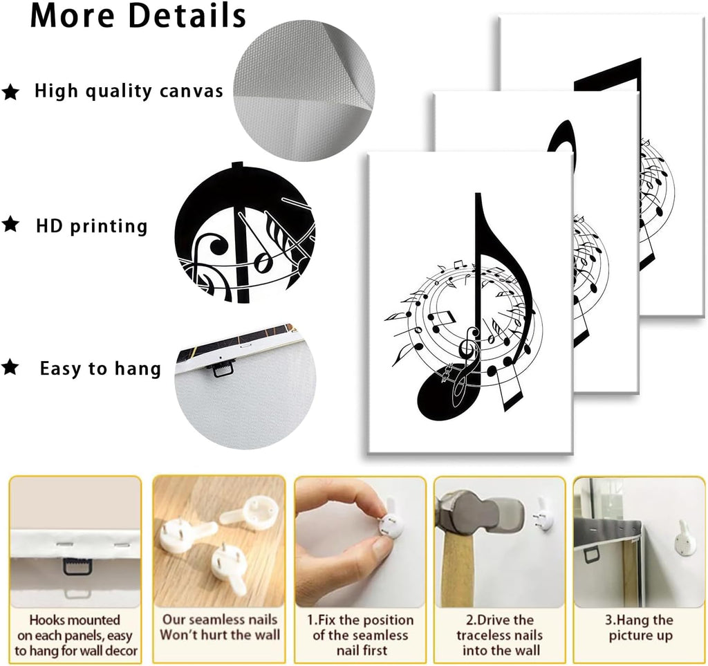 Skiennix Framed Music Notes Wall Art - Stylish Black & White Canvas Prints | 12x16in (Set of 3)