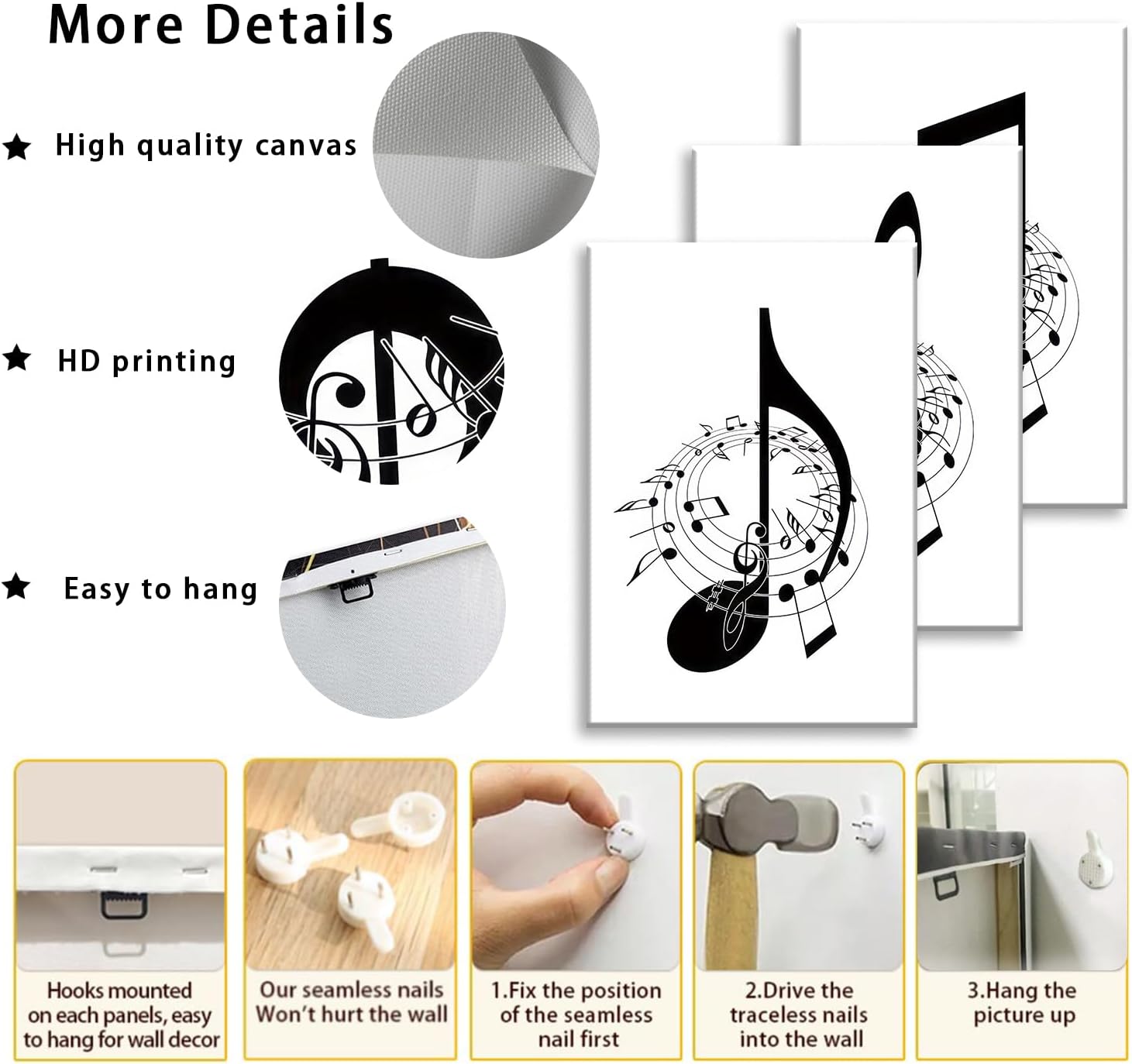 Skiennix Framed Music Notes Wall Art - Stylish Black & White Canvas Prints | 12x16in (Set of 3)