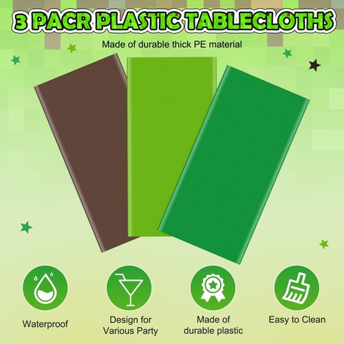 Denwiller 3 Pcs Dark Green & Brown Party Tablecloth Bulks, Disposable Plastic Pixel Gaming Tablecloth Dark Green Brown Table Cover for Picnic Video Game Birthday Party Supplies, 54x108 Inch