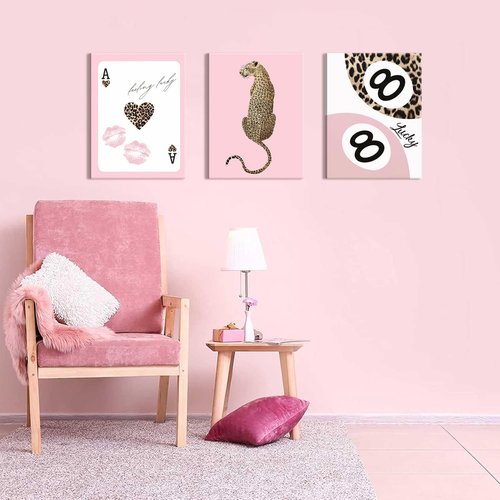 Funky Lucky You | Trendy Leopard Canvas Wall Art Set of 3 - Pink Cheetah Prints for Girls' Bedroom | 12x16 Inch Framed Decor