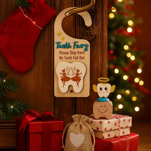 Chakralux 4Pcs Tooth Fairy Door Holder - Wooden Door Hanger Gift Set with Keepsake Box and Bag & Reward Badge, Gifts and Bedroom Decorations Suitable for Lost Teeth Girls and Boys