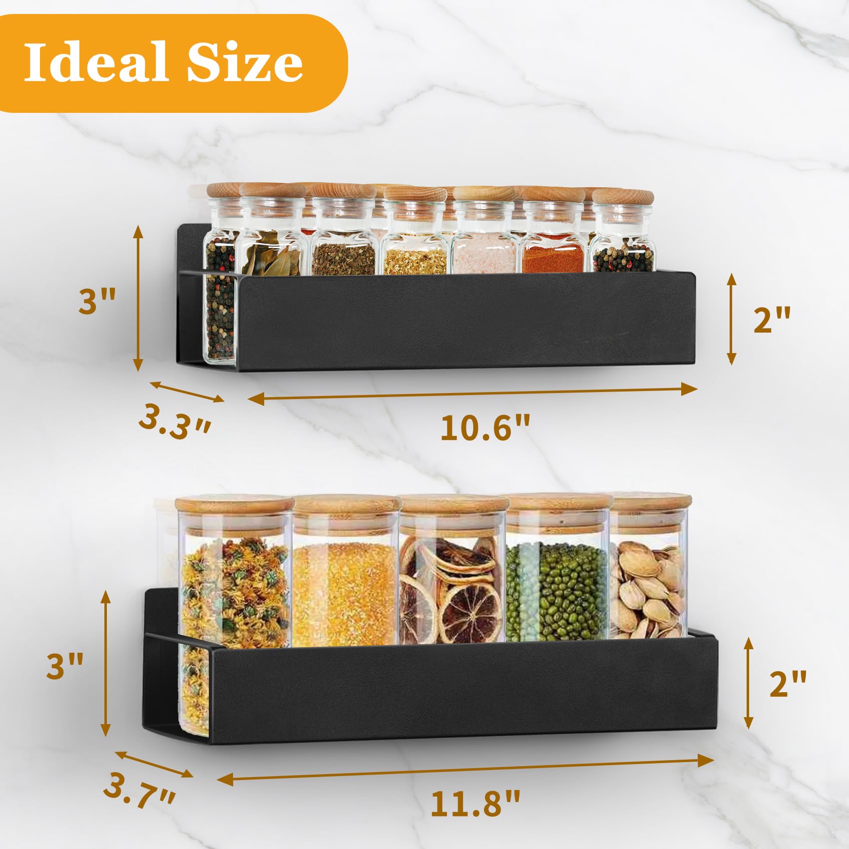 SYLLENHOD Kitchen Spice Rack for Wall: 2 Packs Black Adhesive Spice Racks Wall Mount - 11.8" Large Hanging Storage Organizer Cabinet Without Drilling for Work Room Bathroom Shelves