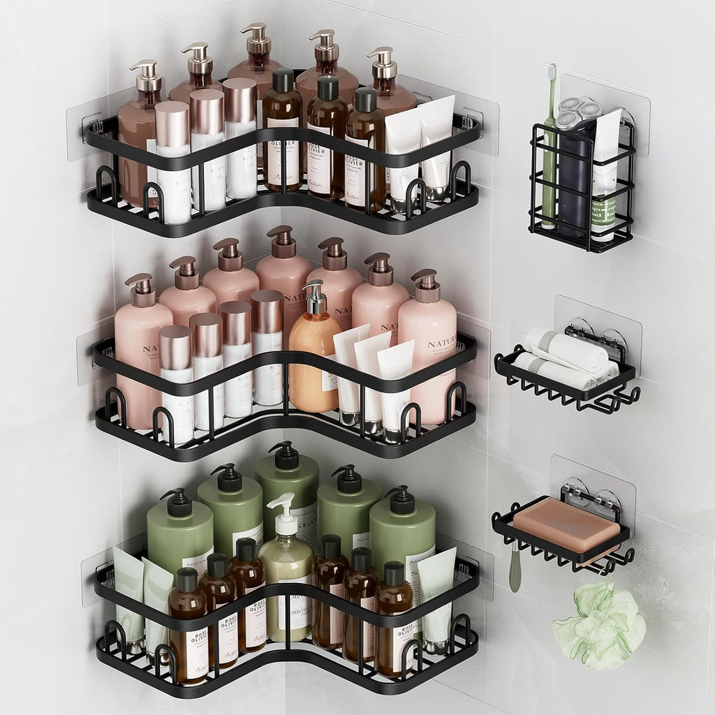 Veken Corner Shower Caddy - Rustproof Design with No Drilling Adhesive Shelves | Large Capacity Bathroom Organizer in Black