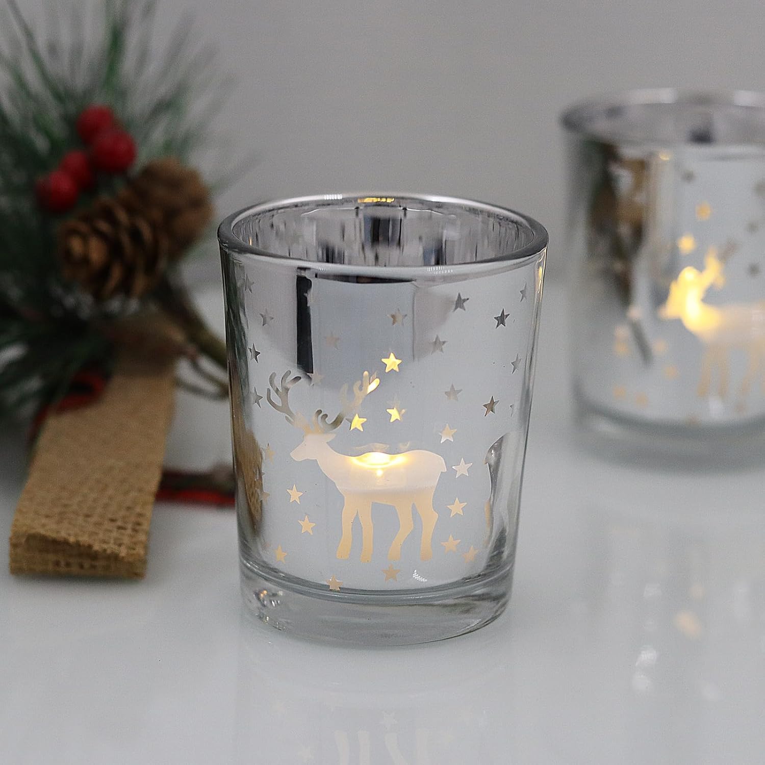 Skiennix Silver Votive Tealight Candle Holders - 12PCS Carved Reindeer Xmas Table Centerpiece Decor